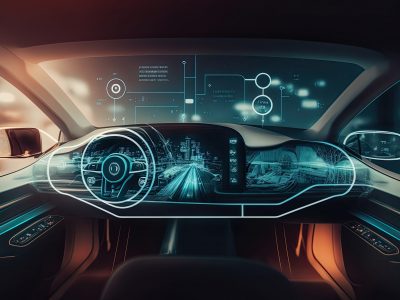 Artificial Intelligence Manages Transport. Technological Car without a Driver. AI and Automobile Future Cyber Generative AI Illustration.