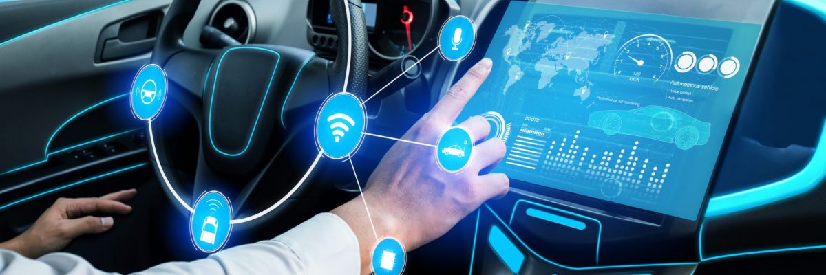 Driverless car interior with futuristic dashboard for autonomous control system