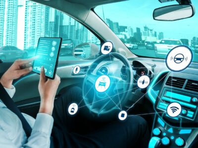 Driverless car interior with futuristic dashboard for autonomous control system Driverless car interior with futuristic dashboard for autonomous control system